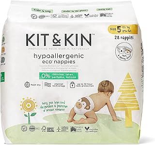 Kit & Kin Premium Eco Baby Nappies Size 5 | 11+ kgs / 24+ lbs | Pack of 112 Nappies | Plant-Based & Hypoallergenic | Superior up to 12 Hour Leak Protection | Vegan & Cruelty Free