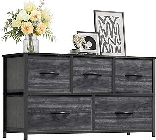 YITAHOME Chest of Drawer Bedroom with 5 Drawers Storage Unit Steel Frame Wood Top Fabric Dresser for Bedroom Living room,Closet,Black wood grain