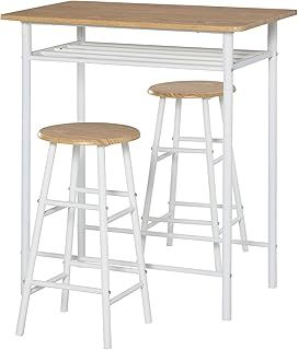 HOMCOM Bar Table Set, Bar Table and Stools Set, Footrest and Storage Shelf, for Kitchen, Dining Room, Pub, Cafe, White and Oak