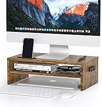 Wood Monitor Stand Riser, Desk Monitor Stand with Smartphone Holder, Ergonomic Laptop Stand with Cable Management for Computer, Notebook, PC, 2 Tiers Black (W420 x D235 x H142mm) Rustic Brown