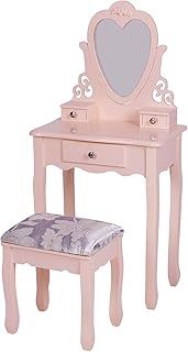 J- Dressing Table for Girls,Pink Vanity Table with Mirror Stool for 3,4,5,6,7,8 Kids, Birthday Gift for Children Bedroom