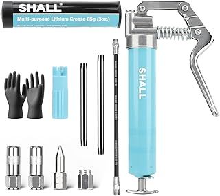 Shall Mini Grease Gun, Small Grease Gun Kit (3.52OZ Capacity, 3000PSI) with 2PCS 4-Jaw couplers, Sharp Nozzle, Extension Adapter, 3OZ Cartridge Grease, Reinforced PVC Glove & Zerk Fitting Cleaner