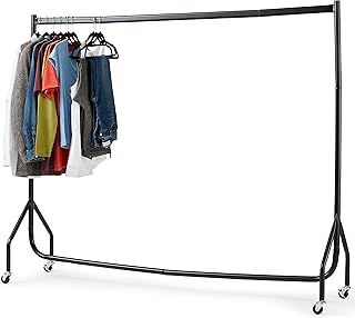 House of Home Heavy Duty Metal Clothes Rail with Wheels - 1 Tier Single Rail Wardrobe Replacement - Hanging Clothing Rack Storage & Organiser for Shirts, Coats, Jackets, Hat & Shoes - Black