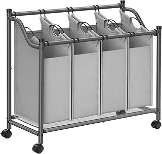 SONGMICS LSF005GS Mobile Laundry Basket, Dirty Laundry Cart with 4 Removable Bags, with Wheels, for Laundry Room, Bedroom, Bathroom, 4 x 35 L, Grey