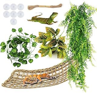 Bearded Dragon Hammock Reptile Hide decor, Leopard Gecko Tank Accessories Reptile Hammock with Jungle Climbing Vines Hanging Plants Artificial Leaves for Chameleon, Lizards, Gecko, Snakes