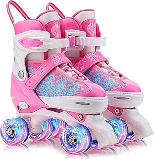 Gonex Adjustable Roller Skates,4 Light up Wheels and Sizes Adjustable Quad Skate for Indoor Outdoor for Girls Women Kids Beginner