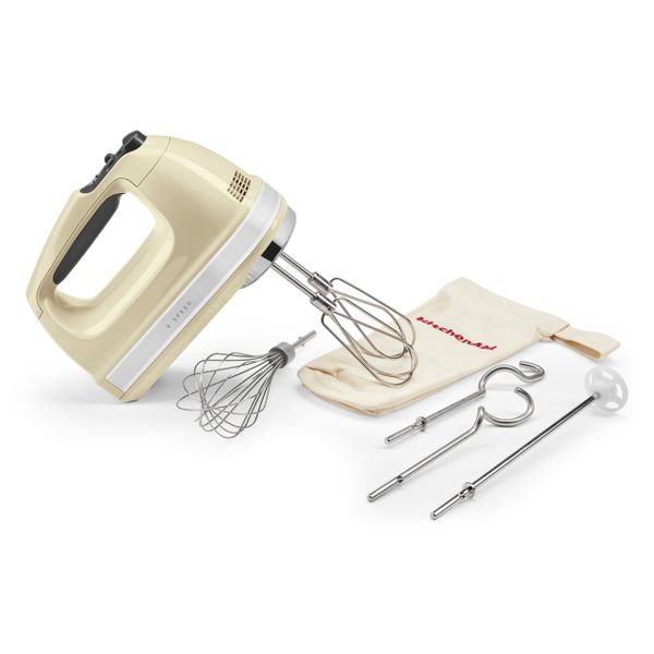 KitchenAid 9-Speed Hand Mixer, 85W Quiet DC Motor with Soft Start, 6 Accessories – Beaters, Whisk, Dough Hooks & Mixing Rod, Swivel Cord, Storage Bag Included, Almond Cream