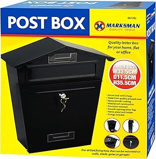 MARKSMAN LARGE POST BOX Mail Classic Letter Holder Steel Lockable Weatherproof Heavy Duty Outdoor Wall Mounted For Home, Flat Or Office + 2 Keys RED, GREY, BLACK UK FREE P&P (Black)