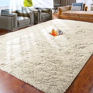 Fluffy Bedroom Rug – Cream Lounge Area Rugs 120x170 cm for Living Room Large Plush Carpet Modern Soft Shaggy Pile Faux Fur Rug for Home
