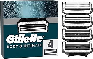 Gillette Body and Intimate Razor Blades Men, 4 Razor Blade Refills with Lubrastrip, Formulated for Pubic Hair, Gentle and Easy to Use, Dermatologist Tested