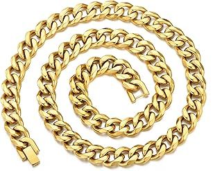 Philip Jones Men's 12mm Gold Plated Stainless Steel Curb Chain Necklace 18" 20" 22" 24" Inch