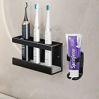 Wall Mounted Electric Toothbrush Holder, Toothbrush Stand with Diatomite Dish, Self Adhesive Toothbrush Storage Rack with Toothpaste Organizer for Bathroom (3 Slots) Black