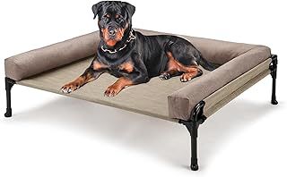 Veehoo Elevated Dog Bed with Removable Bolster, Raised Dog Bed off Ground Elevated Dog Bed Portable Raised Pet Cot with Raised Sides Washable Mesh No-Slip Feet for Indoor Outdoor, Beige 104x69x23cm