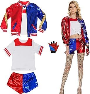 Quinn Cosplay Costume for Adult, Girls Villain Costume Kit Include Jacket T-shirt Shorts Gloves, Clown Girl Cosplay Costume for Halloween Carnival Fancy Dress