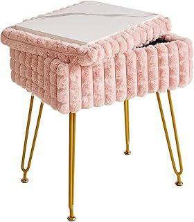 Rectangle Vanity Chair with Storage Space, Footrest Footstool Ottoman, Vanity Stool, Dressing Table Chair, with Anti-Slip Feet, for Makeup Room, Bedroom, Square grid pattern, Pink WBD004P