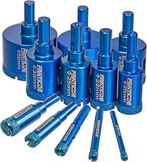 FANTICDE Diamond Drill Bit Set, 12PCS Brazing Core Hole Saw Cutter Tools Set, Diamond Hole Saw Core Drill Bit for Porcelain Tile Ceramic Stone Granite Marble Glass (6mm-50mm)