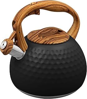 Tea Kettle, 2.7 Quart / 3 Liter Stainless Steel Whistling Tea Kettle for Stove Top, Food Grade Teapot with Wood Pattern Handle for Coffee, Tea, Milk etc, Gas Electric Applicable (Black)