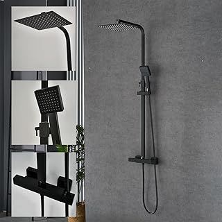 Black Thermostatic Shower Mixer Set Square Shower kit 10 inch Stainless steel Overhead shower Brass thermostatic valve