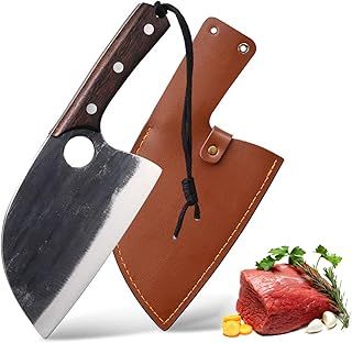 Fubinaty Chef's Knife 7 Inch Finger Hole Kitchen Knives Handmade Forged High Carbon Steel Chopping Knife Full Tang Cooking Knife with Leather Sheath and Wooden Handle