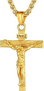 U7 Vintage INRI Jesus Cross Pendant Necklace Bracelet for Men Women, Amulet Christian Jewellery, Engrave Text Available, Adjustable Chain, Come Gift Box