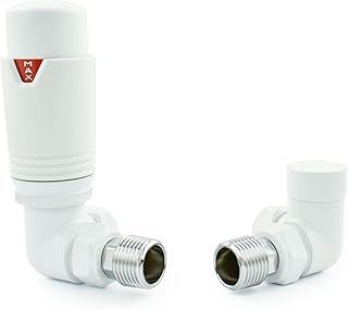 All-White Estuary Corner TRV Thermostatic Radiator Valve (Pair) Includes Corner TRV Body, Wheel Head & Lock Shield for Quick & Easy Temperature Control. Perfect for Energy Saving.