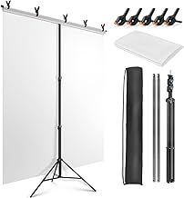 White Backdrop with Stand 1.5 x 2M (5 x 6.5FT), Portable White Photography Backdrop Stand with T-Shape Stand, 5 Clamps & Carry Bag for Portrait, Video, Shooting, Photoshoot, Studio, Streaming