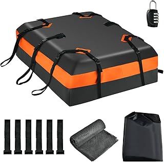 15/21 Cubic Feet Car Roof Bag, Waterproof Cargo Top Carrier with Non-Slip Mat, Combination Lock, 6 Door Hooks & Straps, Rooftop Luggage Storage Box for Car Suv (Black+Orange, 424L)