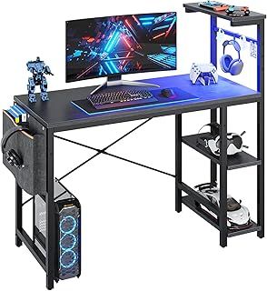 Bestier Computer Desk with Shelves Small Corner Desk with LED Lighting 113CM Reversible Computer Desk Writing Table with Side Pocket Storage Bag & Accessories Hanger for Home Office Small Space