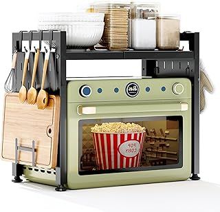 SAYZH Expandable Microwave Shelf, Microwave Stand with 10 Hooks/Cutting Board Holder/Rag rack, 2 Tier Microwave Oven Rack for Kitchen Counter Organizer, Black