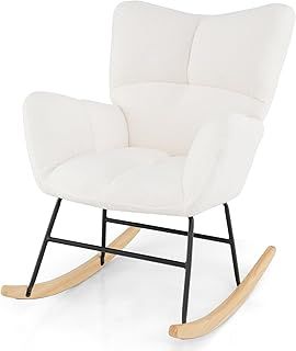 COSTWAY Beige Rocking Chair, Teddy Fleece Fabric Upholstered Rocker Accent Chair with Solid Wood Base, Modern Tufted Wingback Leisure Lounge Relaxing Reading Armchair for Nursery Living Room Bedroom