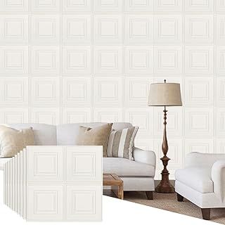 Snewvie White 10 PCS 3D Wood Wall Panels 70X70cm Peel and Stick Brick Wallpaper Removable Wallpaper 3D Tile Wood Panels Wall Sticker Self-Adhesive Waterproof PE Foam
