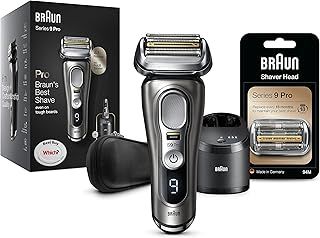 Braun Series 9 Pro Electric Shaver with 4+1 Head, Electric Razor for Men with ProLift Trimmer, 5-in-1 SmartCare Center and Leather Travel Case, 9465cc + Shaver Replacement Head, 94M, Silver