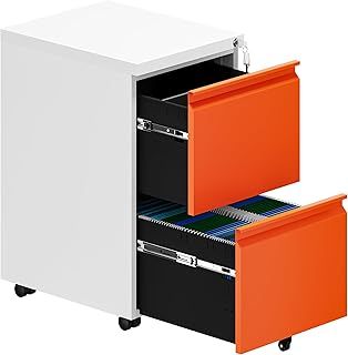 YITAHOME Mobile Filing Cabinets with 2 Lockable Drawers, Anti-tipping File Cabinet with Wheel for Home Office, Under Desk File Storage Cabinets for Letter/Legal/A4 Size, White + Orange, 51 x 39 x 71cm
