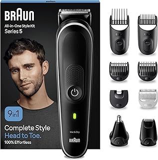Braun All-in-One Style Kit Series 5 MGK5410, 9-in-1 Everyday Grooming Kit for Men, for Beard Trimming, Hair Clipping, Ear, Nose & More, with Ultra-Sharp Blade, Pouch, Waterproof