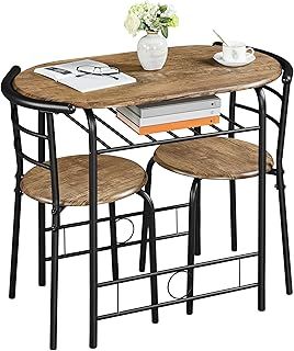Yaheetech 3 Piece Modern Dining Table Set, Kitchen Table and Chairs Set for 2, Space Saving Table Set, Breakfast Nook Table Set with Steel Legs and Storage Rack for Kitchen/Small Space, Brown