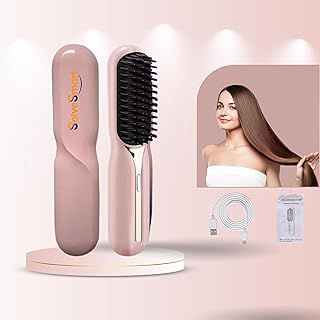 Upgraded Cordless Hair Straightener Brush, Portable Mini Straightening, Lightweight, Multifunctional Comb -Professional Negative Ion Anti-Scalding Styling for Women, Beard Straightener for Men (Pink)