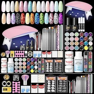 PEACECOLOR 39PCS Acrylic Nail Kit with Lamp - 3 Colours Acrylic Powder & Liquid Set, 24pcs Glitter Powder, False Nail Tips, Manicure Full Set for Beginners