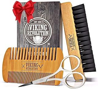 Viking Revolution - Beard Brush For Men - Natural Boar Bristle Brush And Dual Action Pear Wood Beard Combs With Velvet Travel Pouch - Mens Gifts - 3 Pieces