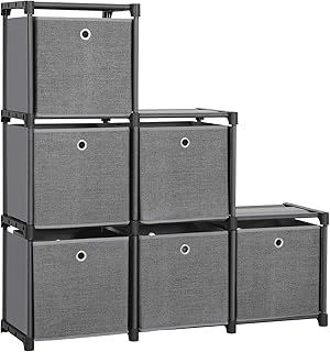 SONGMICS Ladder Storage Unit, 6 Cubes with 6 Storage Boxes, DIY Closet Organiser, Multifunctional with Modular Design, Sturdy Metal Frame, Includes Rubber Mallet, 105 x 30 x 105 cm, Black LSN66BK