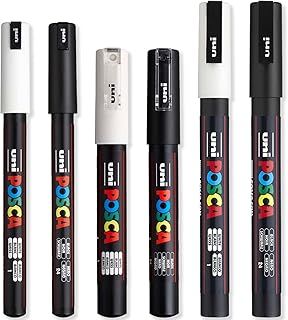 Posca - Ultra Fine to Fine Paint Marker Pens Set - PC-1MR, PC-1M, PC-3M - White & Black Ink - Pack of 6