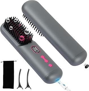 Cordless Hair Straightener Brush, 9600mAh Portable Heated Straightening Comb for Travel,Mini Negative Ion Cordless Hair Straightener Brush for Women with LCD Display (Grey)
