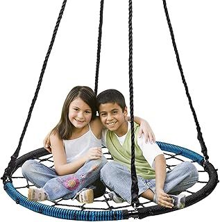 Display4top Outdoor Swing, Giant 40" Round Web Tree Net Swing Swing Set Anchors Hanging Ropes 400 lbs Capacity， Adjustable length hanging ropes Easy Install (Blue & Black)