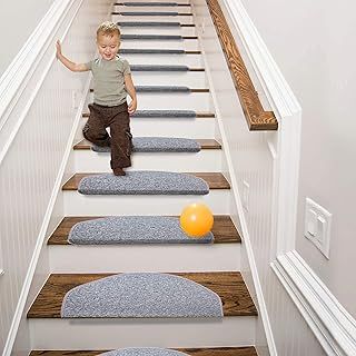 Qingbei Rina Stair Treads Carpet Non Slip,15 Packs|22 x 65cm Stair Pads Mat Rug with Safety Adhesive,Indoor Stair Runner Protector for Wooden Steps Staircase Floor (Grey)