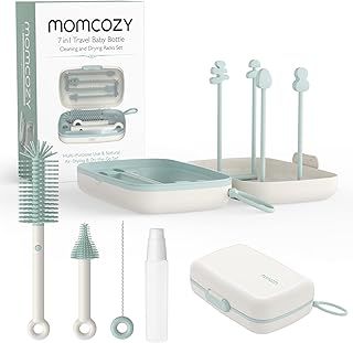 Momcozy 7 in 1 Baby Bottle Brush Set - Complete Bottle Cleaning Kit with Silicone Brush, Nipple Brush, Straw Brush, Soap Dispenser, and Drying Rack - Ideal for Home and Travel
