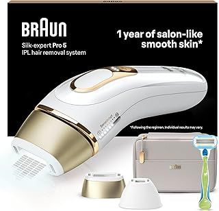 Braun IPL Silk Expert Pro 5, Visible Permanent Hair Removal For Women & Men With Venus Razor and Precision Head, Premium Pouch, Alternative For Laser Hair Removal, PL5124, White/Gold