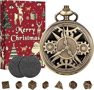 Mini DND Dice Set with Bronze Steampunk Hollow Pocket Watch Shell Case Box, 7pcs Polyhedral Metal D&D Dice Set, DND Starter Set, Role Playing Board Games Accessories