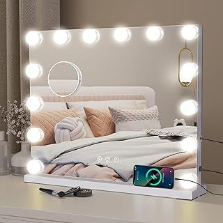 Hollywood Vanity Mirror with Lights, 50×42cm Large Lighted Makeup Mirror with 14 Dimmable LED Bulbs, Touchscreen Control, USB Output Port Tabletop or Wall Mounted Light Up Mirror For Bedroom