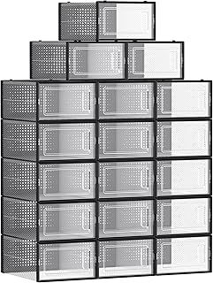 SONGMICS Shoe Boxes, Pack of 18 Stackable Shoe Storage Organisers, Foldable and Versatile for Sneakers, Fit up to UK Size 11, Black LSP007B18