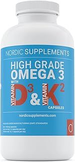 Nordic Supplements Omega 3 Fish Oil 1000mg with Vitamin D 4000iu and K2 100ug - 180 Capsules Supplements