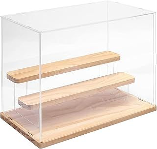 Nynelly 3-Tier Clear Acrylic Display Case Display Box Display Stand with Door,Countertop Display Case for Collectible Mini Action Figure,Dustproof Storage Organizer(Oak Base,Step)